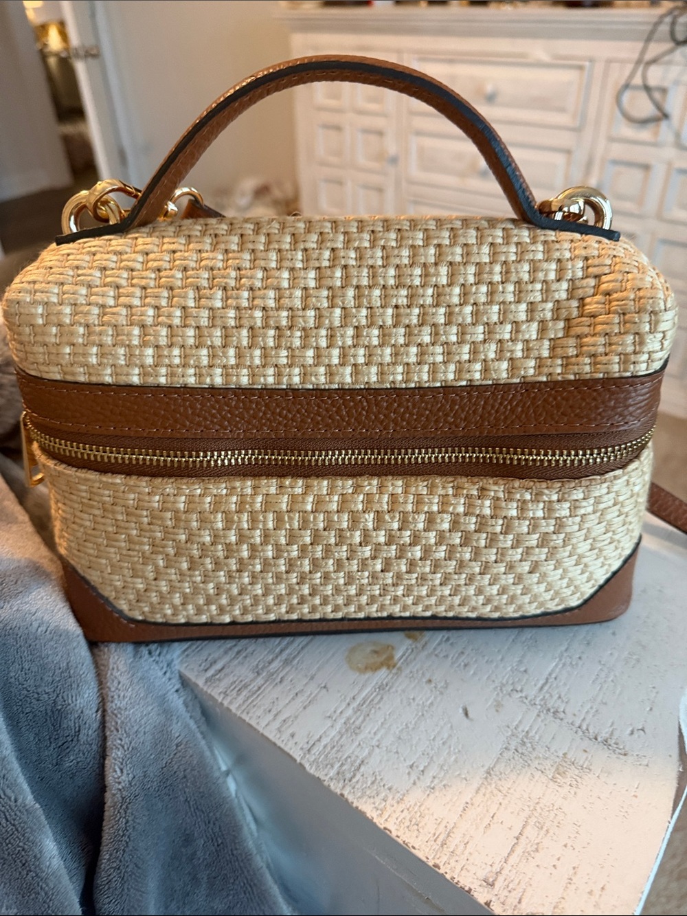 Woven Straw Mini Top-Handle Bag with Brown Trim